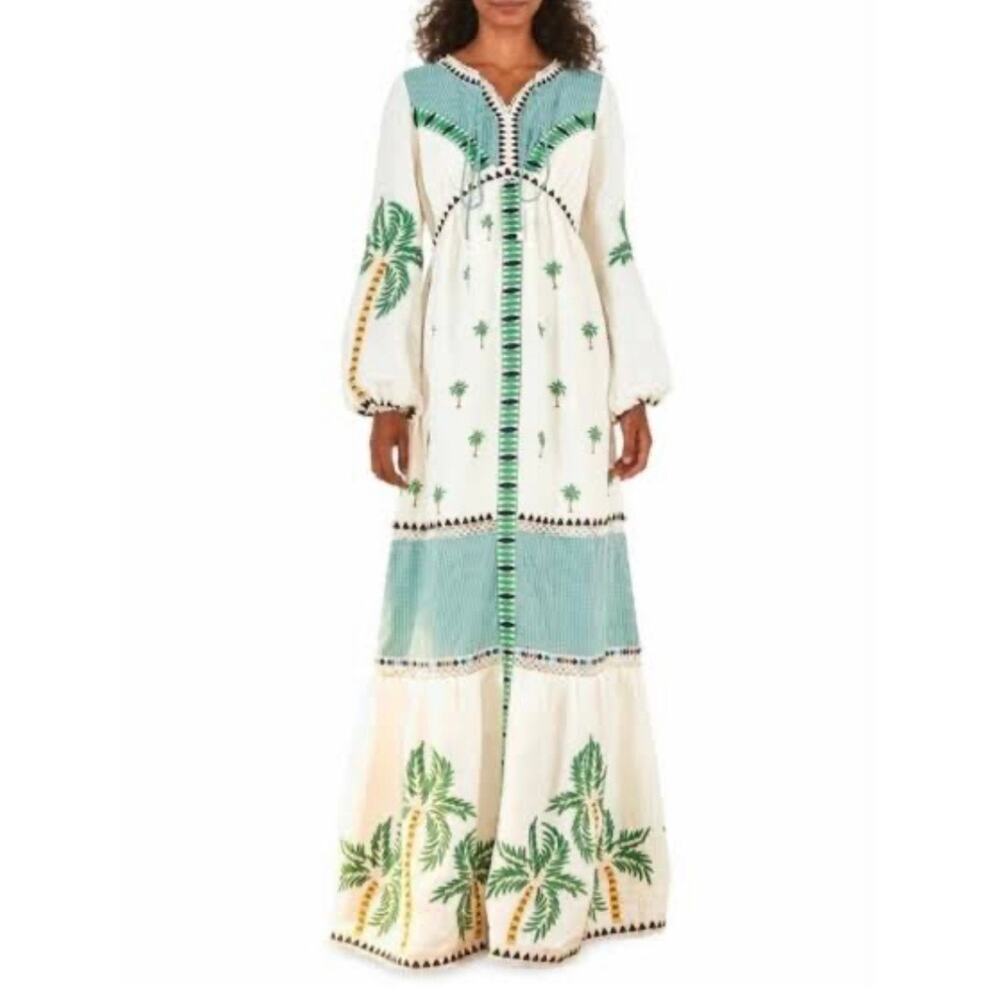 FARM RIO Palm Tree Embroidered Maxi Dress Green Gingham Linen Blend Sz XL